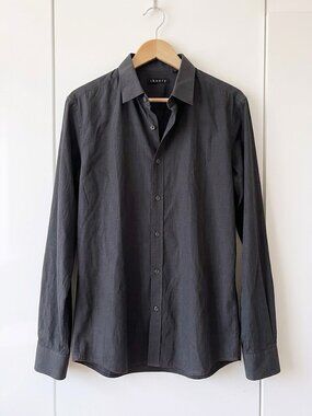 Theory Charcoal Black Micro Check Button Up Dress Shirt Slim Fit Mens L